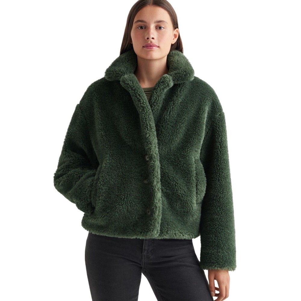 MNG Casual Faux Fur Coat Teal Green Oversized Collarless Jacket‎ XS